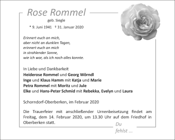 Traueranzeige von Rose Rommel von Waiblinger Kreiszeitung