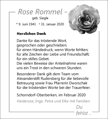 Traueranzeige von Rose Rommel von Waiblinger Kreiszeitung