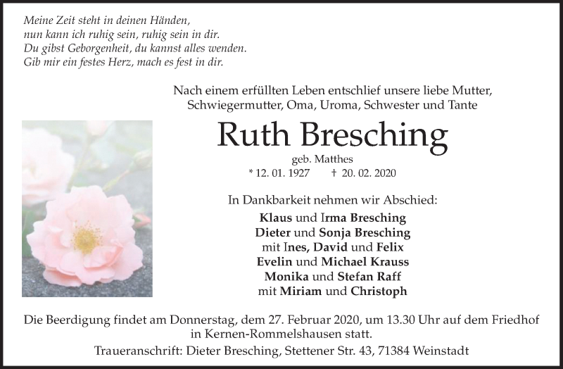  Traueranzeige für Ruth Bresching vom 25.02.2020 aus Waiblinger Kreiszeitung