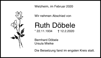 Traueranzeige von Ruth Döbele von Waiblinger Kreiszeitung
