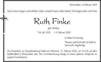 Traueranzeige von Ruth Finke von Waiblinger Kreiszeitung