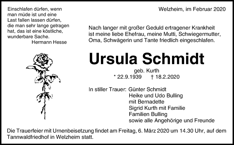  Traueranzeige für Ursula Schmidt vom 27.02.2020 aus Waiblinger Kreiszeitung