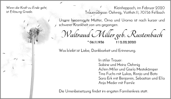 Traueranzeige von Waltraud Miller von Waiblinger Kreiszeitung