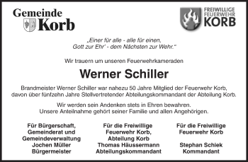 Traueranzeige von Werner Schiller von Waiblinger Kreiszeitung
