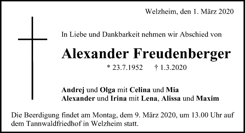  Traueranzeige für Alexander Freudenberger vom 04.03.2020 aus Waiblinger Kreiszeitung