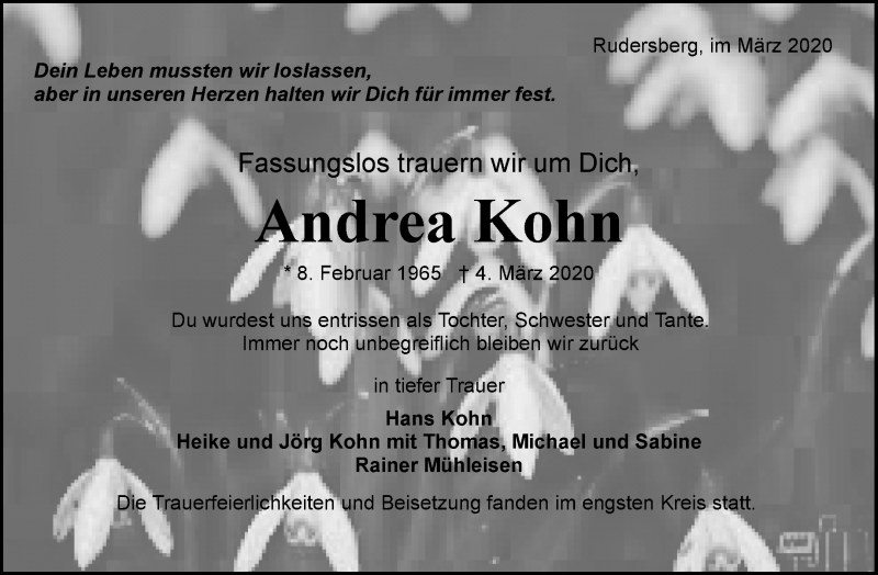  Traueranzeige für Andrea Kohn vom 14.03.2020 aus Waiblinger Kreiszeitung