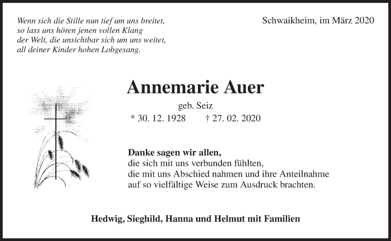 Traueranzeigen von Annemarie Auer ZVWTrauer