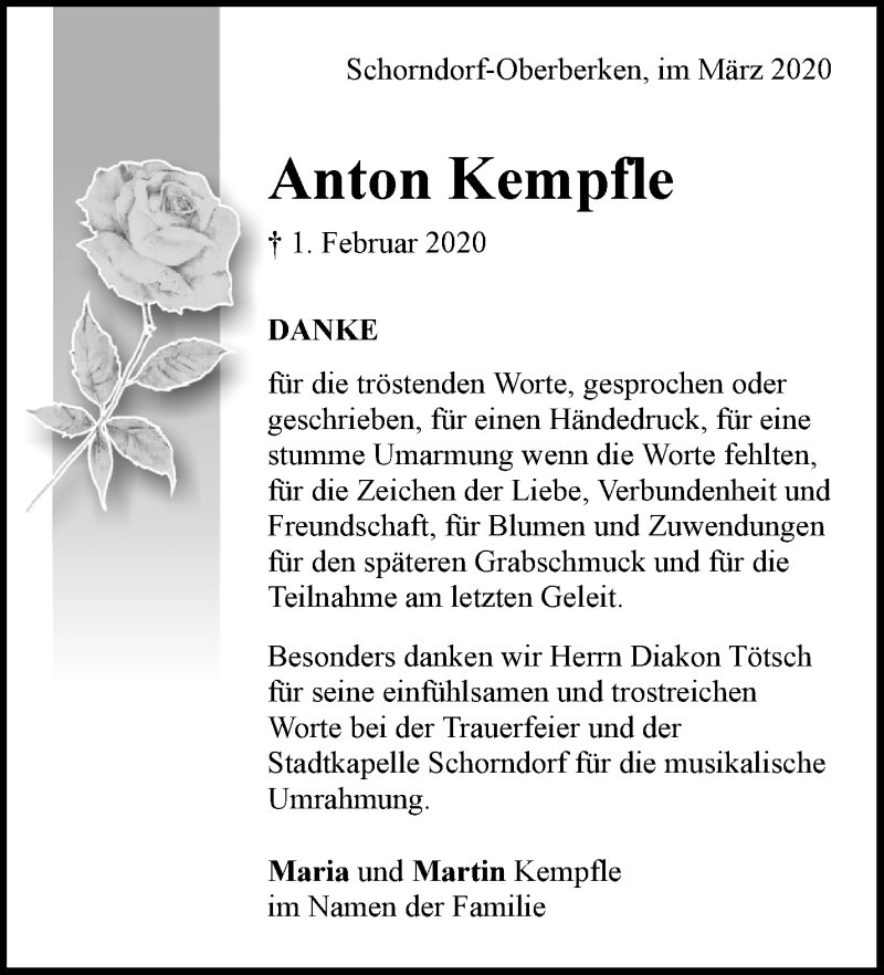  Traueranzeige für Anton Kempfle vom 07.03.2020 aus Waiblinger Kreiszeitung