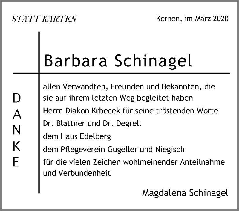  Traueranzeige für Barbara Schinagel vom 11.03.2020 aus Waiblinger Kreiszeitung