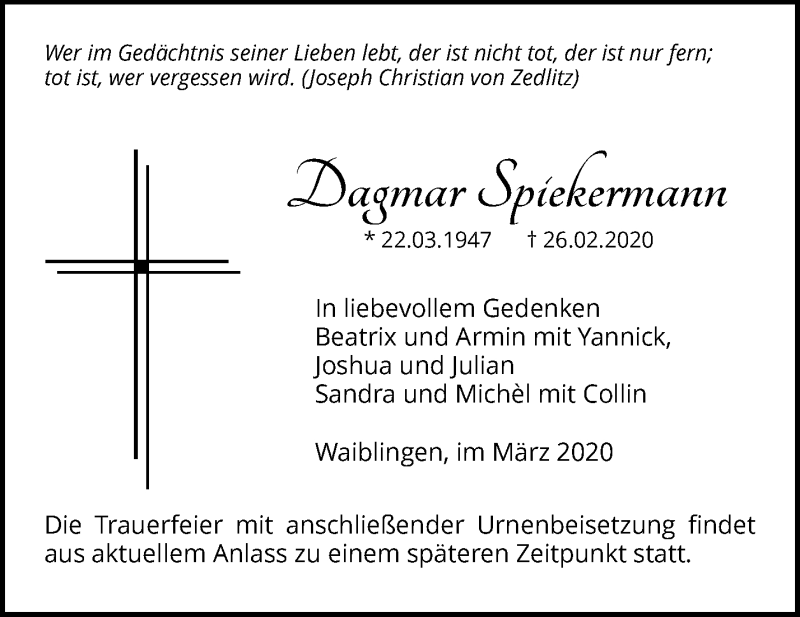 Traueranzeige für Dagmar Spiekermann vom 28.03.2020 aus Waiblinger Kreiszeitung