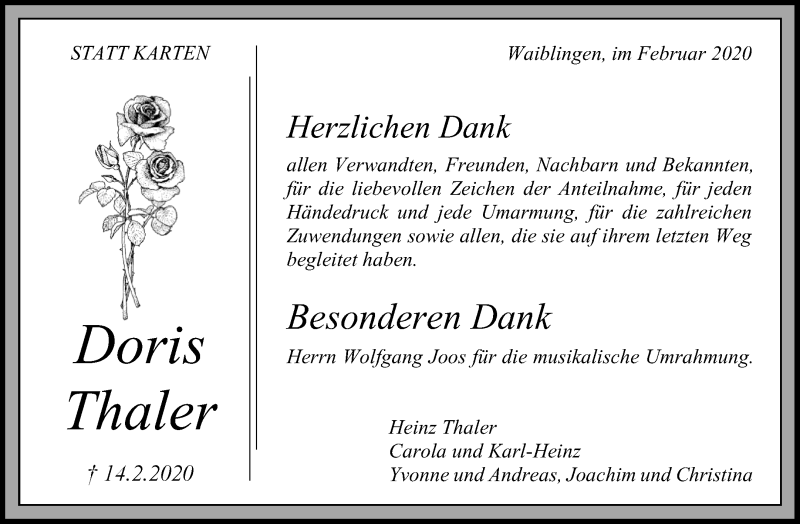  Traueranzeige für Doris Thaler vom 13.03.2020 aus Waiblinger Kreiszeitung