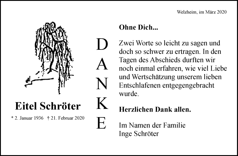  Traueranzeige für Eitel Schröter vom 19.03.2020 aus Waiblinger Kreiszeitung