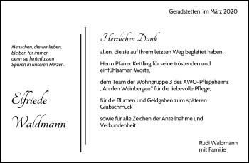 Traueranzeige von Elfriede Waldmann von Waiblinger Kreiszeitung