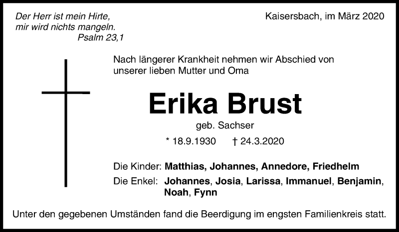  Traueranzeige für Erika Brust vom 28.03.2020 aus Waiblinger Kreiszeitung