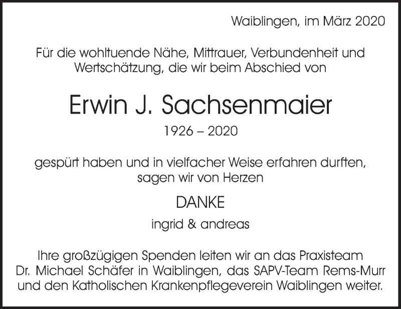  Traueranzeige für Erwin J. Sachsenmaier vom 14.03.2020 aus Waiblinger Kreiszeitung
