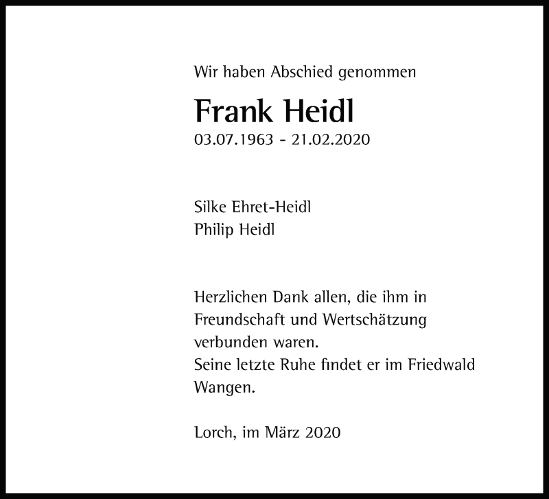 Traueranzeige für Frank Heidl vom 04.03.2020 aus Waiblinger Kreiszeitung