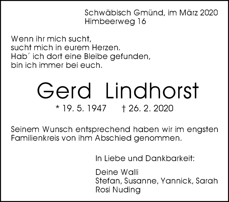  Traueranzeige für Gerd Lindhorst vom 05.03.2020 aus Waiblinger Kreiszeitung