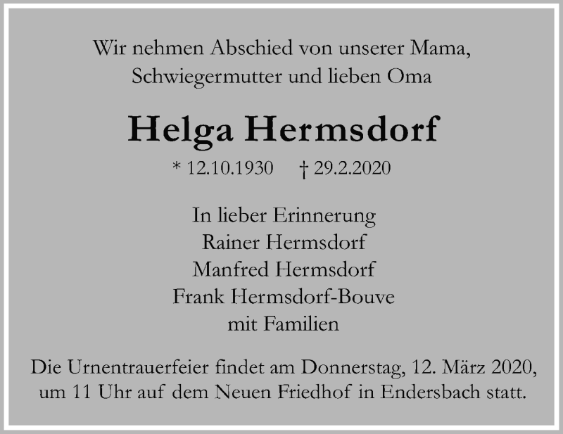  Traueranzeige für Helga Hermsdorf vom 07.03.2020 aus Waiblinger Kreiszeitung