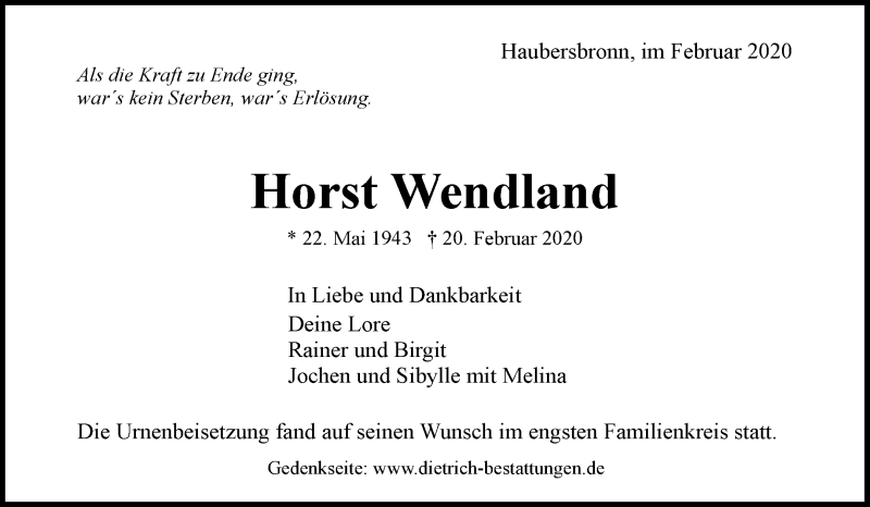  Traueranzeige für Horst Wendland vom 05.03.2020 aus Waiblinger Kreiszeitung