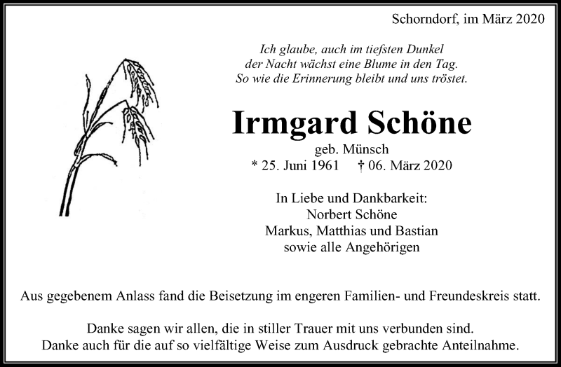  Traueranzeige für Irmgard Schöne vom 21.03.2020 aus Waiblinger Kreiszeitung