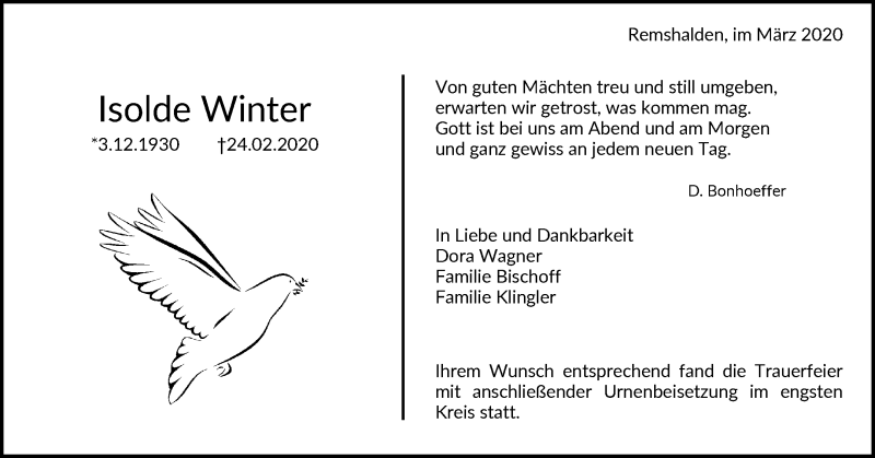  Traueranzeige für Isolde Winter vom 10.03.2020 aus Waiblinger Kreiszeitung