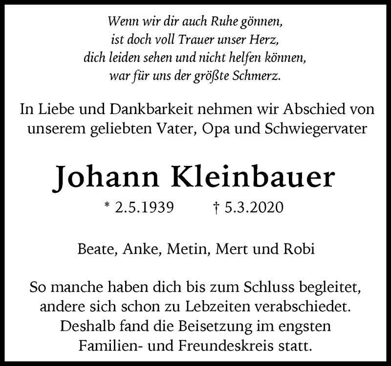  Traueranzeige für Johann Kleinbauer vom 20.03.2020 aus Waiblinger Kreiszeitung