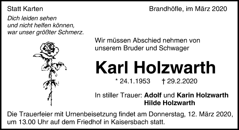  Traueranzeige für Karl Holzwarth vom 07.03.2020 aus Waiblinger Kreiszeitung