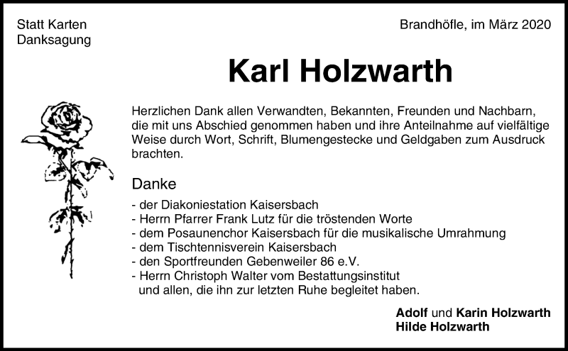 Traueranzeige für Karl Holzwarth vom 28.03.2020 aus Waiblinger Kreiszeitung