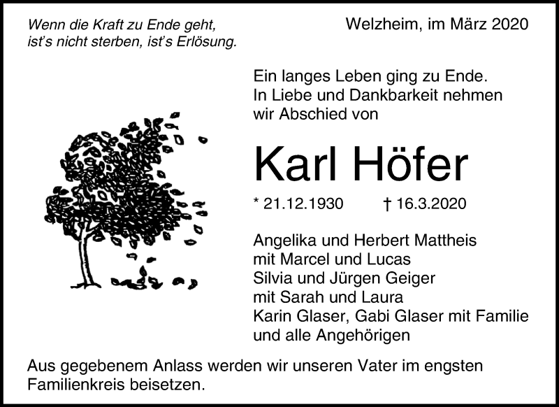  Traueranzeige für Karl Höfer vom 24.03.2020 aus Waiblinger Kreiszeitung