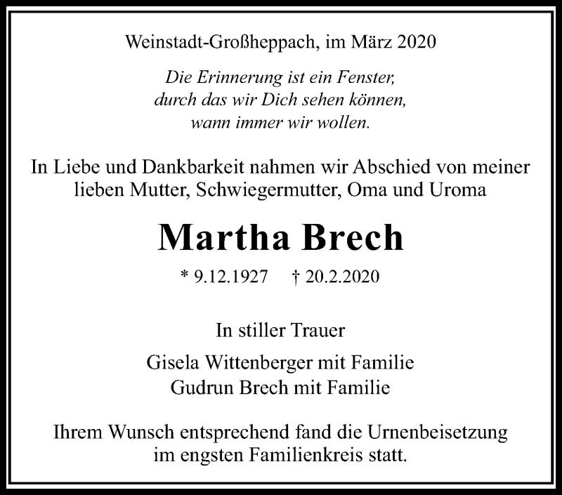  Traueranzeige für Martha Brech vom 05.03.2020 aus Waiblinger Kreiszeitung