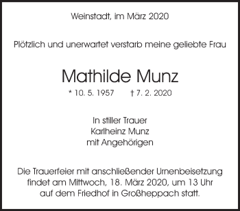 Traueranzeige von Mathilde Munz von Waiblinger Kreiszeitung