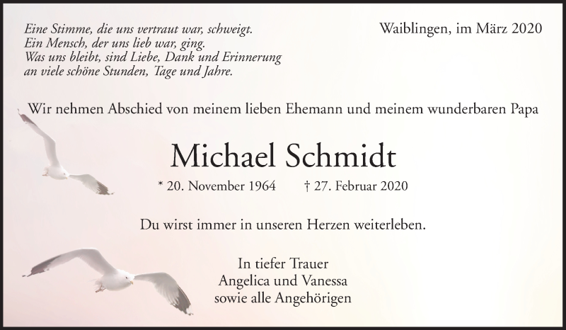  Traueranzeige für Michael Schmidt vom 14.03.2020 aus Waiblinger Kreiszeitung