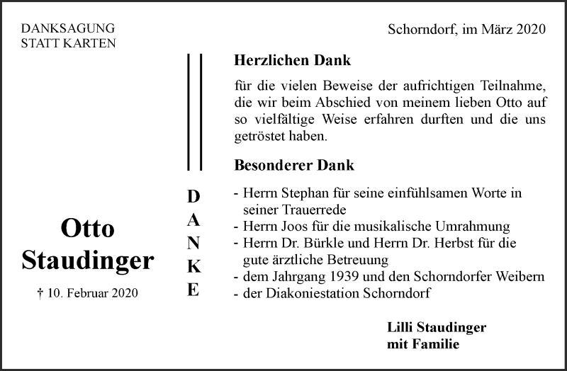  Traueranzeige für Otto Staudinger vom 06.03.2020 aus Waiblinger Kreiszeitung