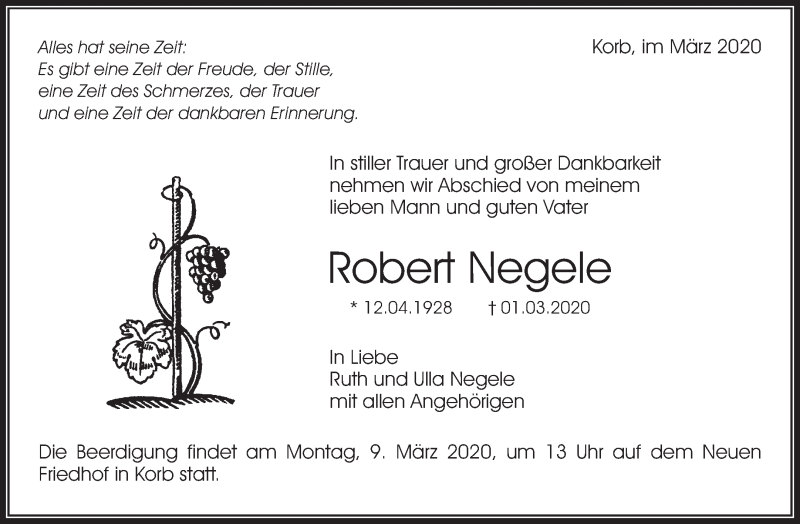  Traueranzeige für Robert Negele vom 04.03.2020 aus Waiblinger Kreiszeitung