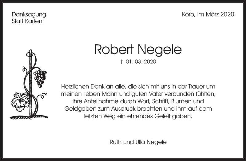  Traueranzeige für Robert Negele vom 21.03.2020 aus Waiblinger Kreiszeitung