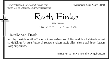Traueranzeige von Ruth Finke von Waiblinger Kreiszeitung