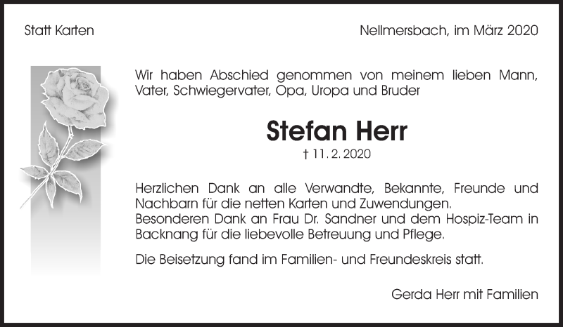  Traueranzeige für Stefan Herr vom 11.03.2020 aus Waiblinger Kreiszeitung