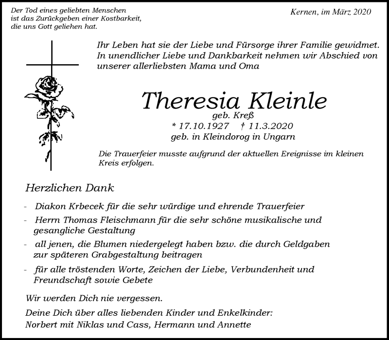  Traueranzeige für Theresia Kleinle vom 28.03.2020 aus Waiblinger Kreiszeitung