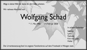 Traueranzeige von Wolfgang Schad von Waiblinger Kreiszeitung