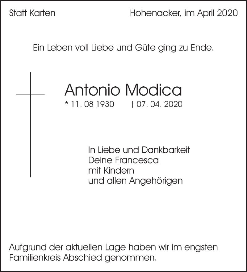  Traueranzeige für Antonio Modica vom 18.04.2020 aus Waiblinger Kreiszeitung