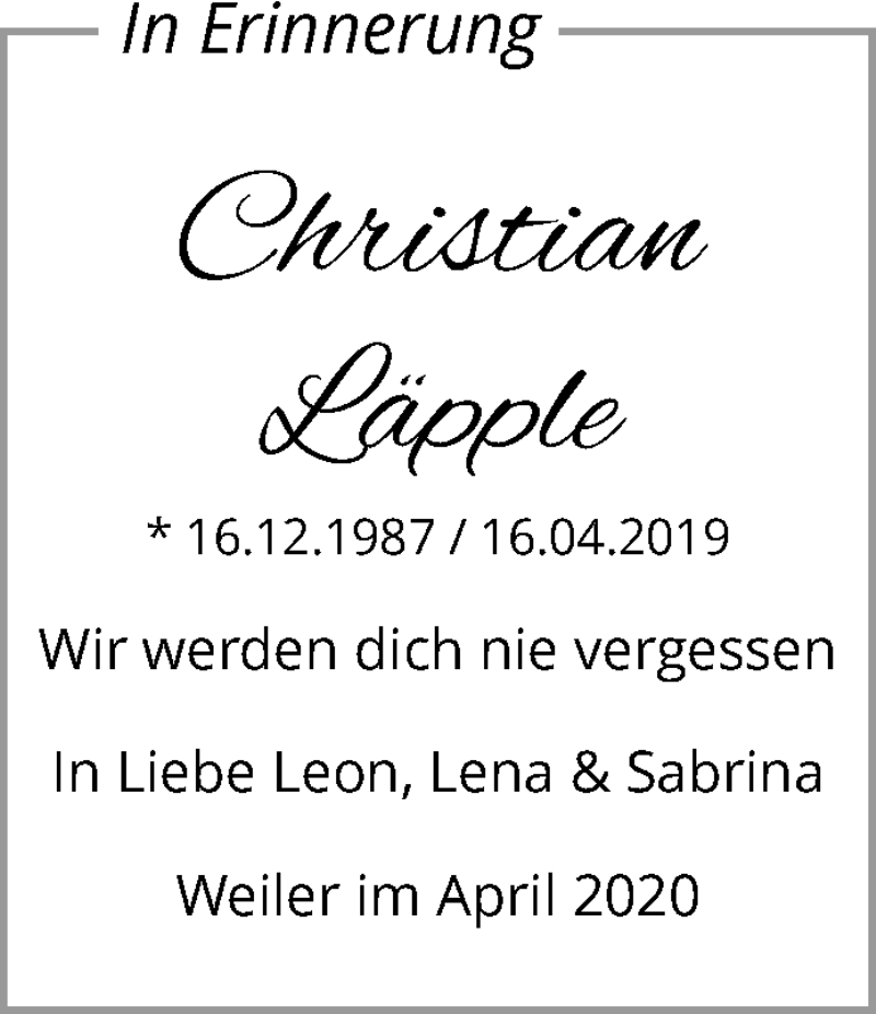  Traueranzeige für Christian Läpple vom 16.04.2020 aus Waiblinger Kreiszeitung