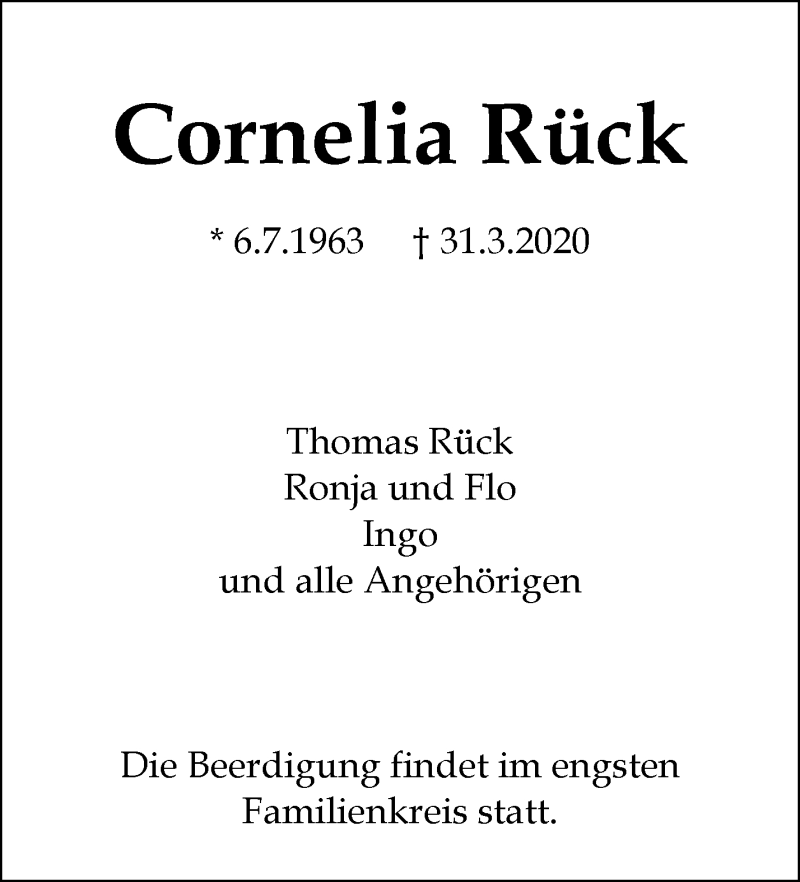 Traueranzeige für Cornelia Rück vom 03.04.2020 aus Waiblinger Kreiszeitung