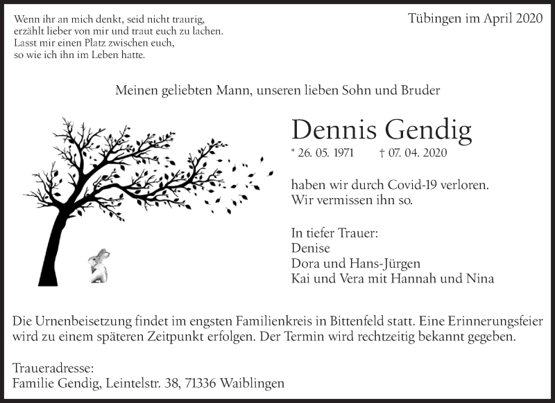  Traueranzeige für Dennis Gendig vom 16.04.2020 aus Waiblinger Kreiszeitung