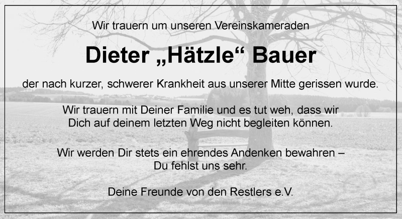 Traueranzeige für Dieter  Bauer vom 02.04.2020 aus Waiblinger Kreiszeitung