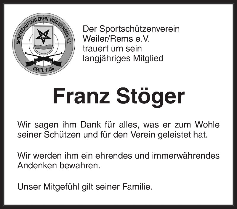  Traueranzeige für Franz Stöger vom 23.04.2020 aus Waiblinger Kreiszeitung