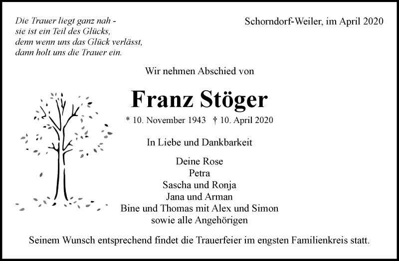  Traueranzeige für Franz Stöger vom 21.04.2020 aus Waiblinger Kreiszeitung