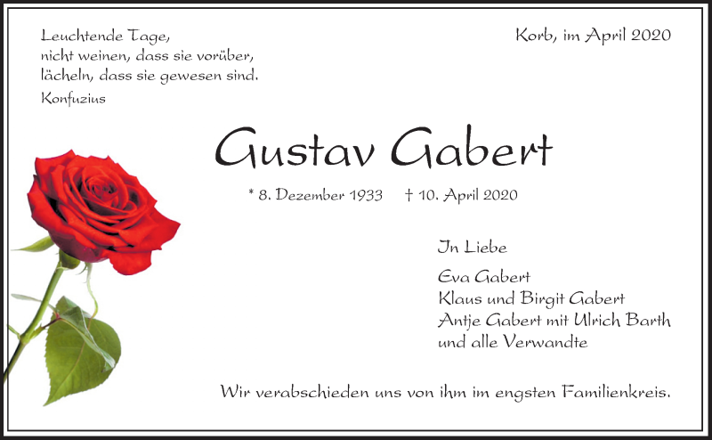  Traueranzeige für Gustav Gabert vom 22.04.2020 aus Waiblinger Kreiszeitung