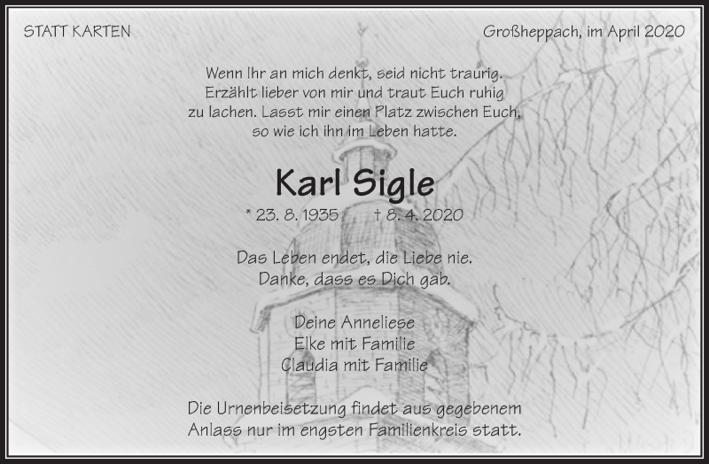  Traueranzeige für Karl Sigle vom 15.04.2020 aus Waiblinger Kreiszeitung