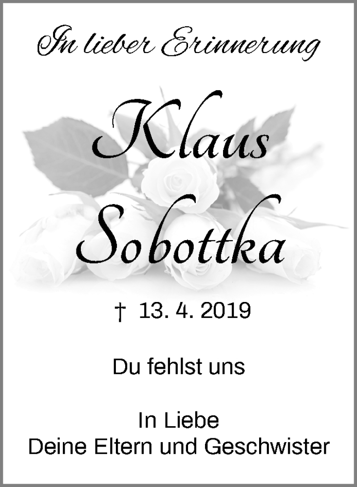  Traueranzeige für Klaus Sobottka vom 14.04.2020 aus Waiblinger Kreiszeitung