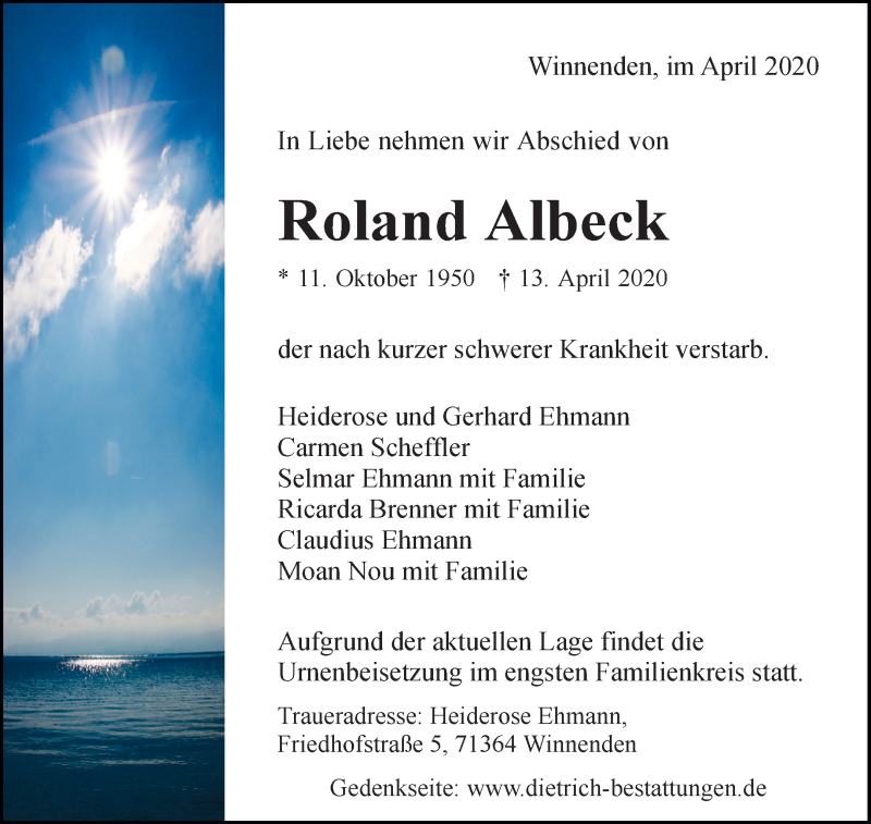  Traueranzeige für Roland Albeck vom 17.04.2020 aus Waiblinger Kreiszeitung